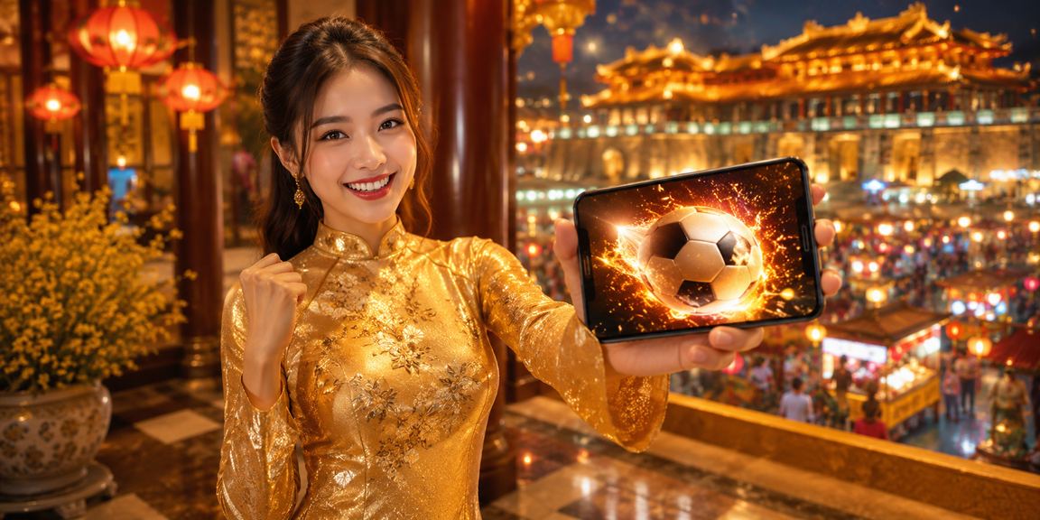 Người phụ nữ mặc áo dài ở Huế sử dụng điện thoại di động để theo dõi sự kiện thể thao trực tuyến